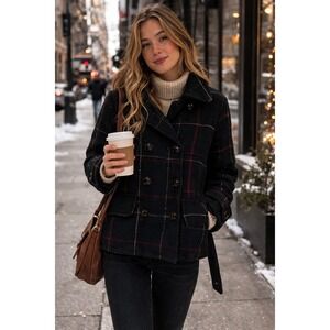 American Eagle Womens Plaid Pea Coat Navy Blue Red Windowpane Wool Blend Small